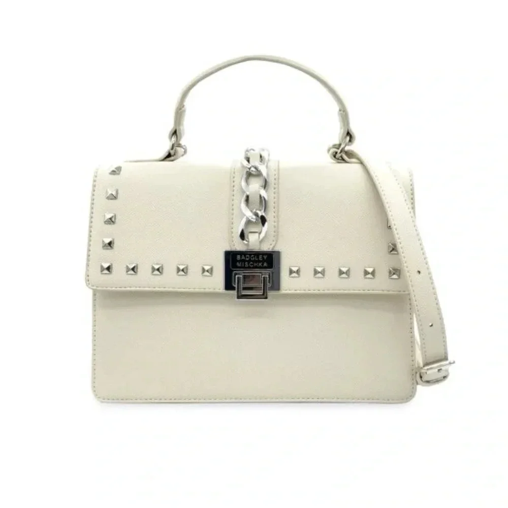 BADGLEY MISCHKA Chain Trim Two Way Shoulder Bag Crossbody Purse Strap Off White
